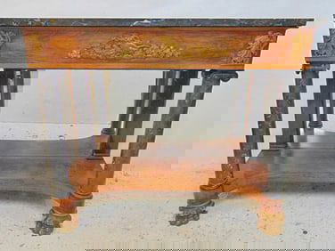 Antique rosewood marble top pier table with marble columns, mirrored back & black marble top, pier