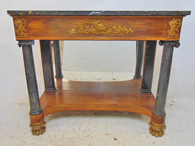 Antique rosewood marble top pier table with marble columns, mirrored back & black marble top, pier: Antique rosewood marble top pier table with marble columns, mirrored back & black marble top, pier table is 42.25" by 19", height is 36.25" with decorative bronze elements