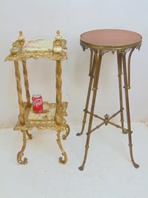 2 stands, fancy gilt bronze two tier stand with onyx (as is) shelves & finials, height is 33" &