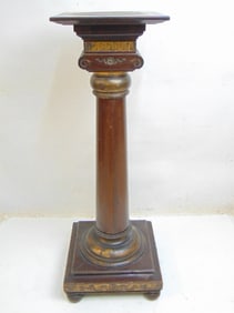 Mahogany pedestal, gold toned collars, pedestal is 39.25" tall, top is 12" by 12"
