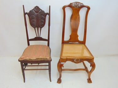 2 antique chairs, maple chair with ball & claw feet, caned seat & mahogany chair with decorative