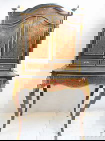 Boulle ladies secretary desk with bronze decoration, drawer in base, doors in top with interior