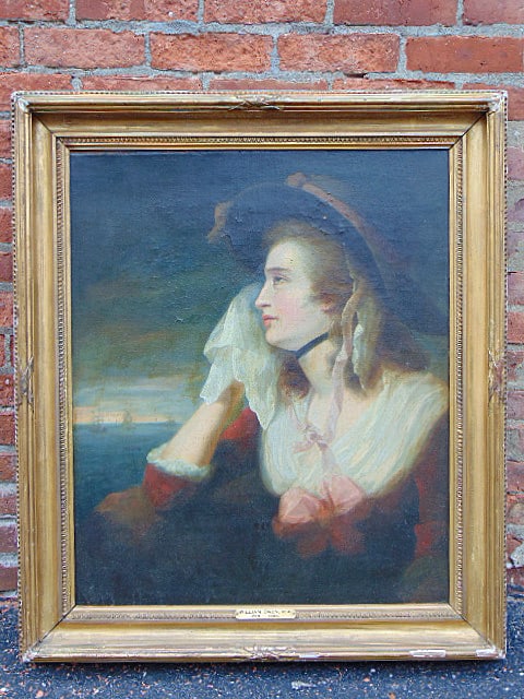 Painting portrait lady with nautical scene in background, attributed to William Owen RA, oil on: Painting portrait lady with nautical scene in background, attributed to William Owen RA, oil on canvas, lady in mourning, gold frame, stretcher is 30" by 25", framed size is 36.5" by 31.5", some flaki