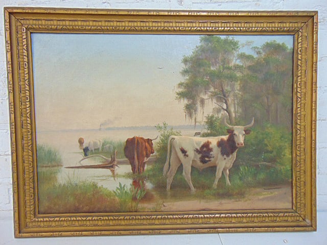 Painting, Florida scene, cows by stream, river, attr. to C.M. Clowes, oil on canvas, "View North on: Painting, Florida scene, cows by stream, river, attr. to C.M. Clowes, oil on canvas, "View North on St. Johns River", 16" by 23",20" by 27" framed