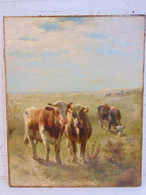 Painting, cows in landscape, J.H.S. de Haas, oil on canvas, unframed, 39.75" by 31.5".: Painting, cows in landscape, J.H.S. de Haas, oil on canvas, unframed, 39.75" by 31.5".