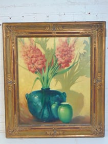 Painting, flowers in vase, signed Pierre Lucien, oil on board, old Christie's East label, 30" by