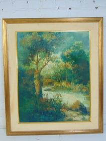 Painting, bridge over stream in landscape, signed G.H. Zartino (?) 73, oil on panel, 27.5" by 21.75"