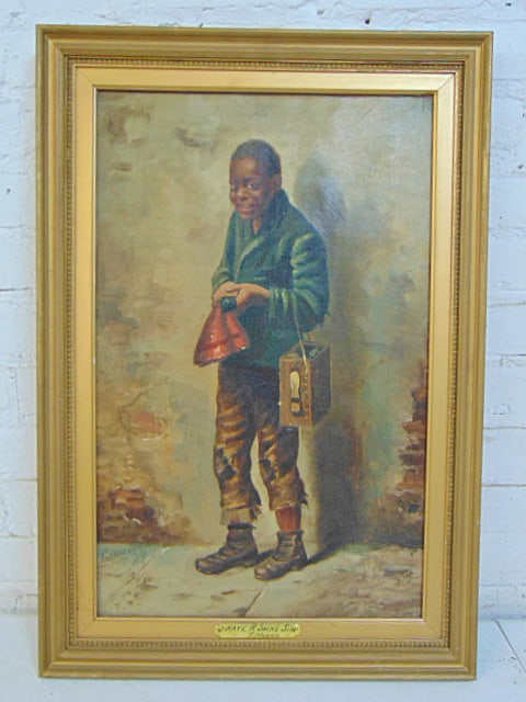 Painting, "Have A Shine Sir", by Francis Moran, 1887, New York, oil on canvas, 22" by 14", framed: Painting, "Have A Shine Sir", by Francis Moran, 1887, New York, oil on canvas, 22" by 14", framed size 26" by 17.75"