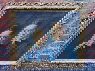 Painting, portrait of two young girls, unsigned, oil on canvas, 23.25" by 19.25", framed size is