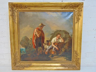 Painting, genre scene with armed men on rocks, oil on canvas, 26" by 24.25", framed size is 32" by