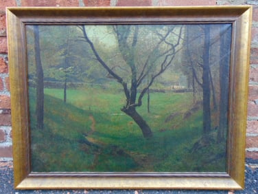 Painting, "Spring", Frank Anderson, oil on canvas, old patch repair, 20.5" by 27.5", framed size is