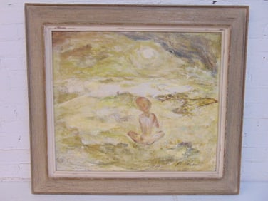 Painting, "The Beneficiary", signed Richards, oil on Masonite, 24.5" by 28.75" , framed size is 32"