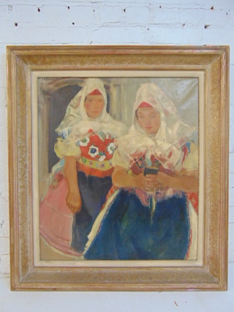 Painting, two women in ethnic Hungarian dress, by Pal Udvary, oil on canvas, 27" by 23.25", framed: Painting, two women in ethnic Hungarian dress, by Pal Udvary, oil on canvas, 27" by 23.25", framed size is 34.25" by 30.75"