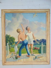 Painting, boys with model planes looking at plane in the sky, unsigned, oil on canvas, mid Century