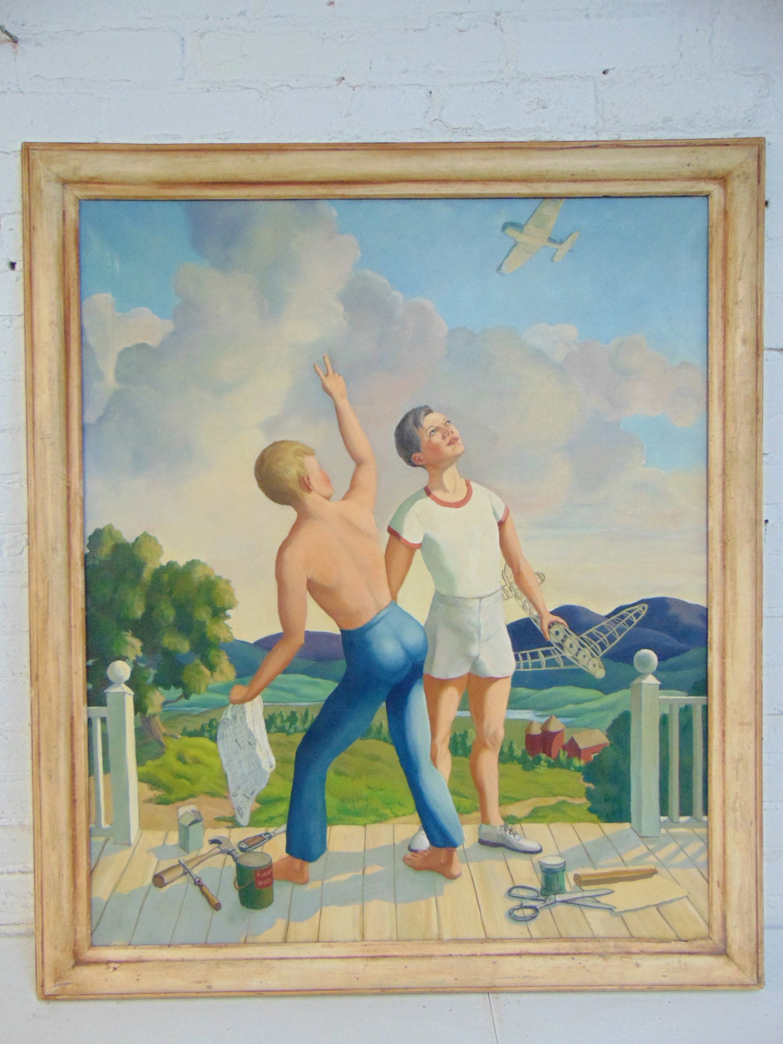 Painting, boys with model planes looking at plane in the sky, unsigned, oil on canvas, mid Century: Painting, boys with model planes looking at plane in the sky, unsigned, oil on canvas, mid Century period, unsigned, 38" by 32", framed size is 43.5" by 37.5"