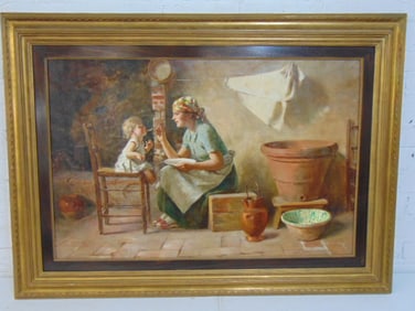 Painting, genre, woman feeding young girl, Ezio Marzi, Firenza, oil on canvas, 22" by 33,5", framed
