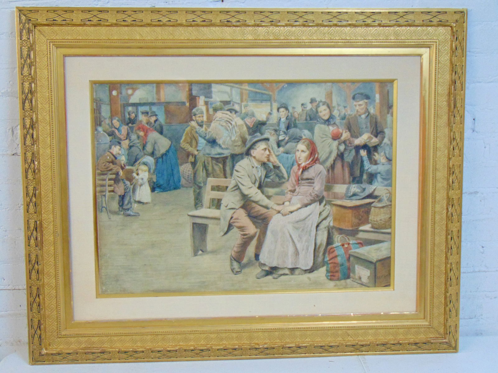 Painting, figures in a boat terminal, White Star Line case visible on floor, "S.G.M. Gutch...??": Painting, figures in a boat terminal, White Star Line case visible on floor, "S.G.M. Gutch...??" written on trunk, various figures with bags, cases, watercolor, 20.25" by 28.75", framed size is 34.5"