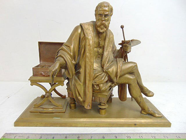 Bronze, artist seated with palette and brush, unsigned, base is 14.5" by 5", height is 11 3/8": Bronze, artist seated with palette and brush, unsigned, base is 14.5" by 5", height is 11 3/8"