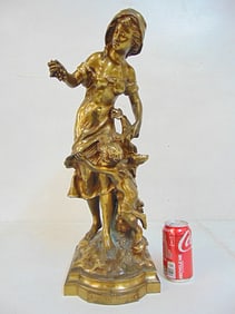 Bronze, "Amour en Vendange", Mathurin Moreau, brass patina, patina shows wear, height is 21.75"