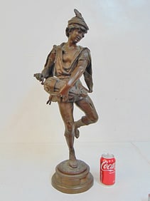 Bronze, "Joueur de Vielle", by Marcel Debut, Hurdy-gurdy player, bronze is 28" tall