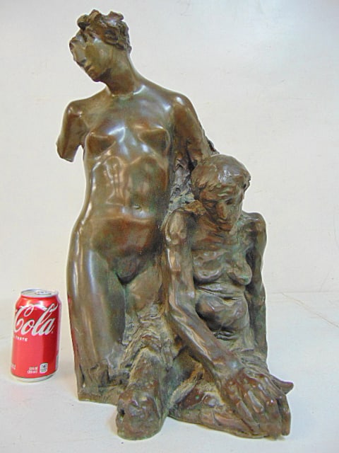 Bronze, two figures, youth & old age, signed Paul Fletcher, bronze is 20.25" tall: Bronze, two figures, youth & old age, signed Paul Fletcher, bronze is 20.25" tall