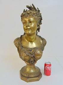 Classical bronze bust of a lady by Pierre Louis Detrier, bronze is signed, height is 24.5"