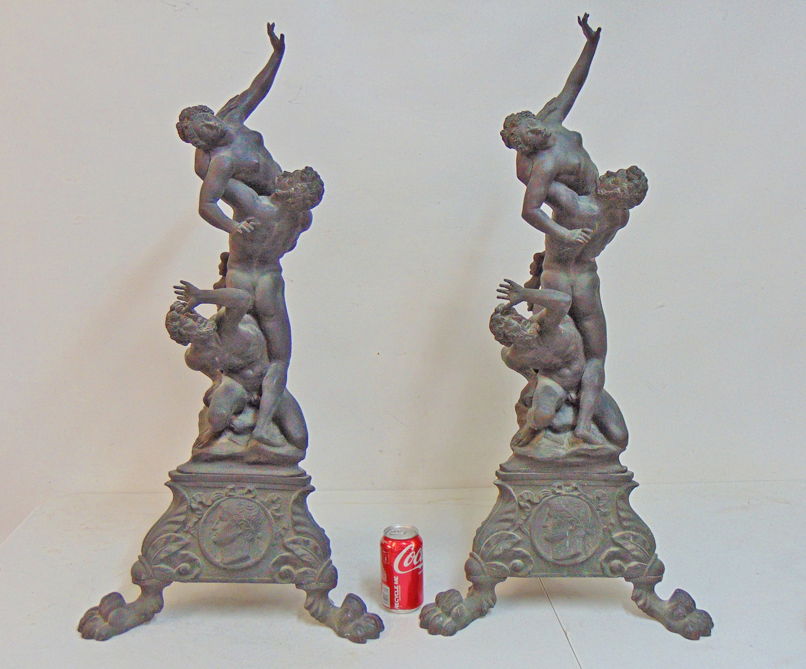 Pair bronze figurals, The Rape of Sabine, dark grey patina, height is 34", hole visible in rear,: Pair bronze figurals, The Rape of Sabine, dark grey patina, height is 34", hole visible in rear, possibly lamped, or chenets, unsure