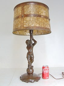 Bronze figural lamp by Ludwig Fuchs with arts & crafts style mica shade, base shows figure holding