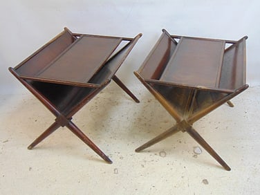 Pair Robsjohn Gibbings for Widdicomb magazine stands, "X" sides, finish worn, original label, stands