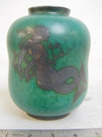 Swedish art pottery vase by Gustavsberg, Argent 1079, decorated with mermaid, in good condition, 6"