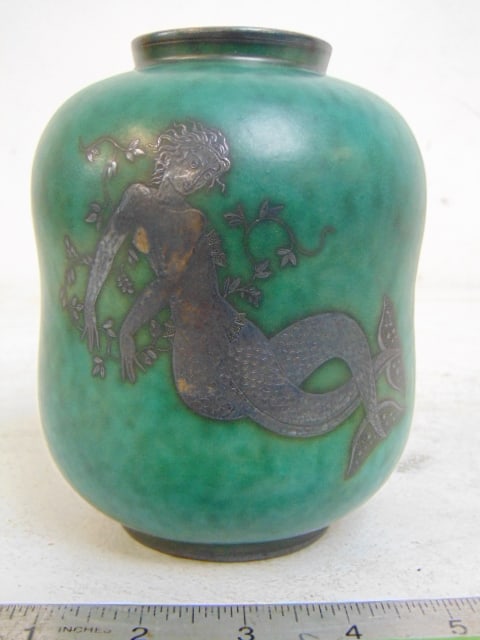 Swedish art pottery vase by Gustavsberg, Argent 1079, decorated with mermaid, in good condition, 6": Swedish art pottery vase by Gustavsberg, Argent 1079, decorated with mermaid, in good condition, 6"