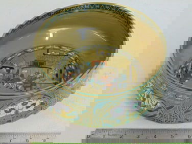 Emerald Deldare ware bowl, Buffalo Pottery, floral decorated exterior, G. Harris signed scene