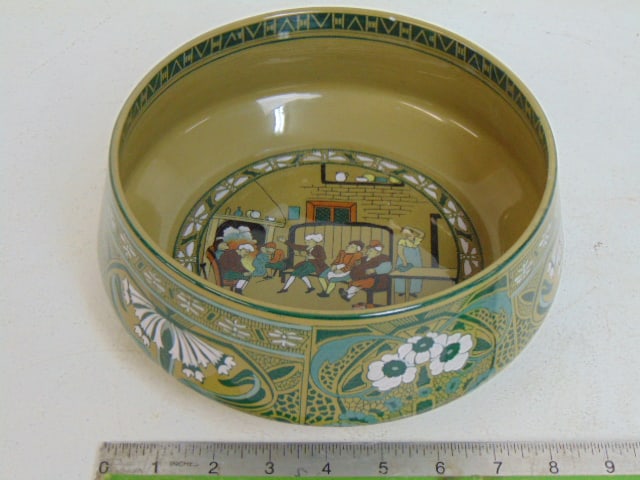 Emerald Deldare ware bowl, Buffalo Pottery, floral decorated exterior, G. Harris signed scene: Emerald Deldare ware bowl, Buffalo Pottery, floral decorated exterior, G. Harris signed scene interior, good condition, 9.25" in diameter, 3 5/8" tall