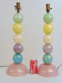 Pair Italian Murano art glass lamps by Barovier & Toso, mid Century, in pink, blue, purple, yellow &