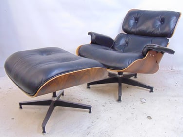 Charles Eames for Herman Miller rosewood chair & ottoman, black leather, in gently used condition,