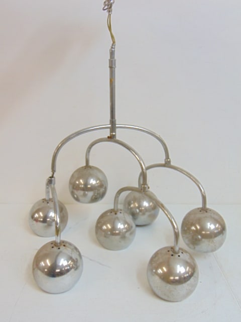 Chrome Sonneman chrome hanging fixture, 7 globes, one arm is loose, needs screw, height is 23".: Chrome Sonneman chrome hanging fixture, 7 globes, one arm is loose, needs screw, height is 23".