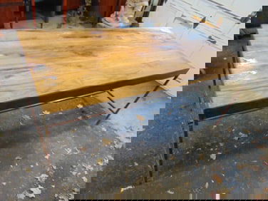 Steel base oak top table, stretcher base, table is 69" by 33", height is 29.25".