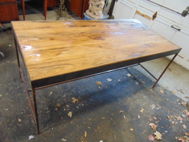Steel base oak top table, stretcher base, table is 69" by 33", height is 29.25".: Steel base oak top table, stretcher base, table is 69" by 33", height is 29.25".