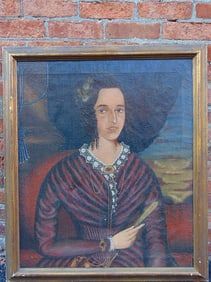 Painting, portrait lady with lace cuffs in red dress, primitive style, oil on canvas, unsigned,
