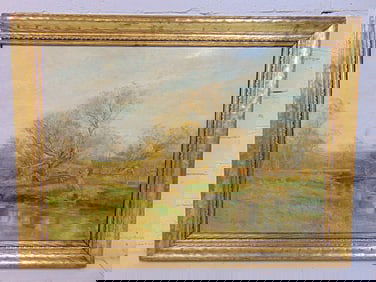 Painting, landscape with stream, signed Olive P. Black, oil on canvas, canvas is 14" by 19.75",