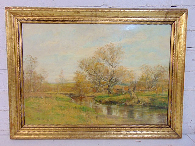 Painting, landscape with stream, signed Olive P. Black, oil on canvas, canvas is 14" by 19.75",: Painting, landscape with stream, signed Olive P. Black, oil on canvas, canvas is 14" by 19.75", framed size is 17.75" by 23.75"