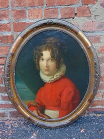 Painting, portrait of a lady in a red shirt, lace collar, unsigned, oil on canvas laid on board,
