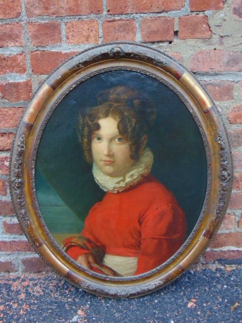 Painting, portrait of a lady in a red shirt, lace collar, unsigned, oil on canvas laid on board,: Painting, portrait of a lady in a red shirt, lace collar, unsigned, oil on canvas laid on board, 23.5" by 19.25" sight, framed size is 29.75" by 25" (oval)