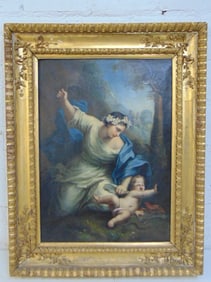 Painting, woman beating up a putti, old master, oil on canvas, unsigned, canvas is 22.5" by 17",