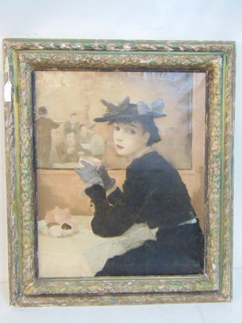 Painting, woman with cup of tea, impressionistic style, signed Edzard (Dietz), oil on linen, various: Painting, woman with cup of tea, impressionistic style, signed Edzard (Dietz), oil on linen, various labels on reverse, France, canvas size is 29" by 24", framed size 36.5" by 31.5".Update, we took th