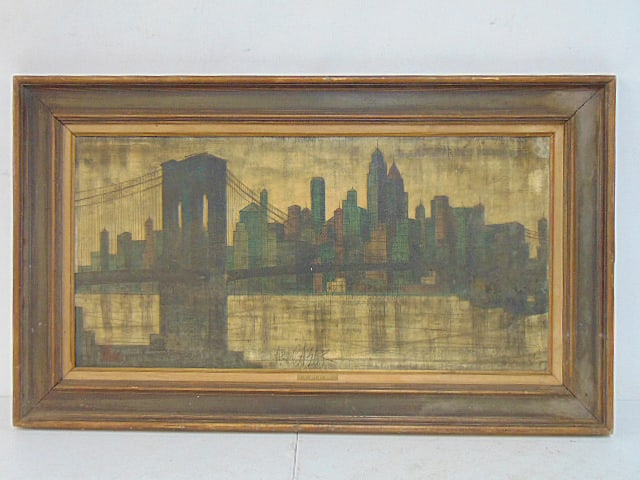 Painting, Skyline New York, signed Ango Casar, oil on canvas, New York City & Brooklyn Bridge, tag: Painting, Skyline New York, signed Ango Casar, oil on canvas, New York City & Brooklyn Bridge, tag on frame states "New York by Roman", canvas is 15" by 30", framed size is 22" by 37"