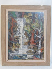Painting, waterfall & tree in modern style, signed Earl Winslow, (Woodstock artist) oil on Masonite,