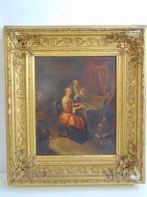 Painting, the music lesson, unsigned, oil on tin, showing young lady by clavichord with instructor,