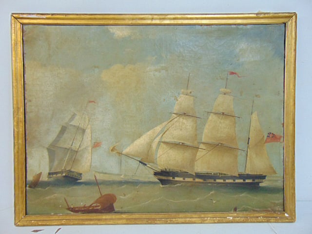 Painting, seascape with two British sail ships of the coast of Dover, unsigned, oil on canvas, 24.5": Painting, seascape with two British sail ships of the coast of Dover, unsigned, oil on canvas, 24.5" by 32.25", framed size is 25.75" by 34.5"