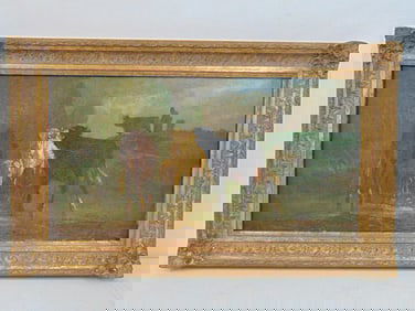 Painting, cows, signed A. Coster (Cortez ??) oil on canvas, 13.75" by 25.5", framed size is 19" by